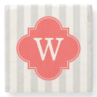 Light Gray White Stripes Coral Red Monogram Label Stone Beverage Coaster