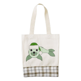 Light Green Baby Seal with Green Santa Hat Zazzle HEART Tote Bag
