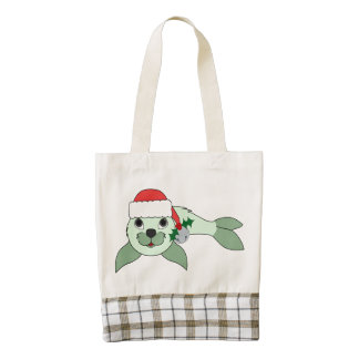 Light Green Baby Seal with Santa Hat & Silver Bell Zazzle HEART Tote Bag