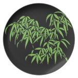 Light Green Bamboo Leaves on Black Dinner Plate