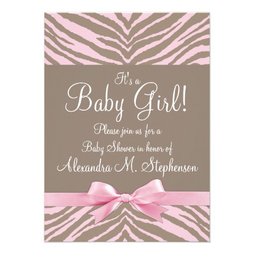 Light Pink and Brown Zebra Bow Baby Shower Custom Announcements