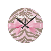 Light Pink and Brown Zebra w/ Ribbon Bow Clocks