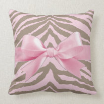 Light Pink and Brown Zebra w/ Ribbon Bow Throw Pillow