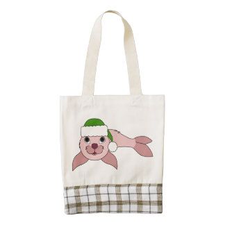 Light Pink Baby Seal with Green Santa Hat Zazzle HEART Tote Bag
