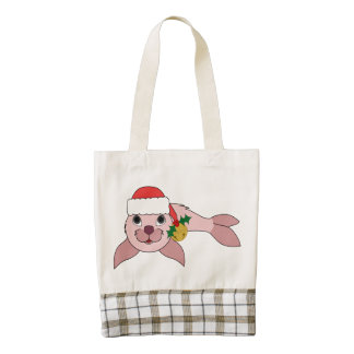 Light Pink Baby Seal with Santa Hat & Gold Bell Zazzle HEART Tote Bag