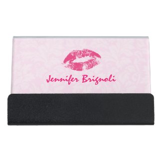 Light Pink Damask And Red Lips Desk Business Card Holder