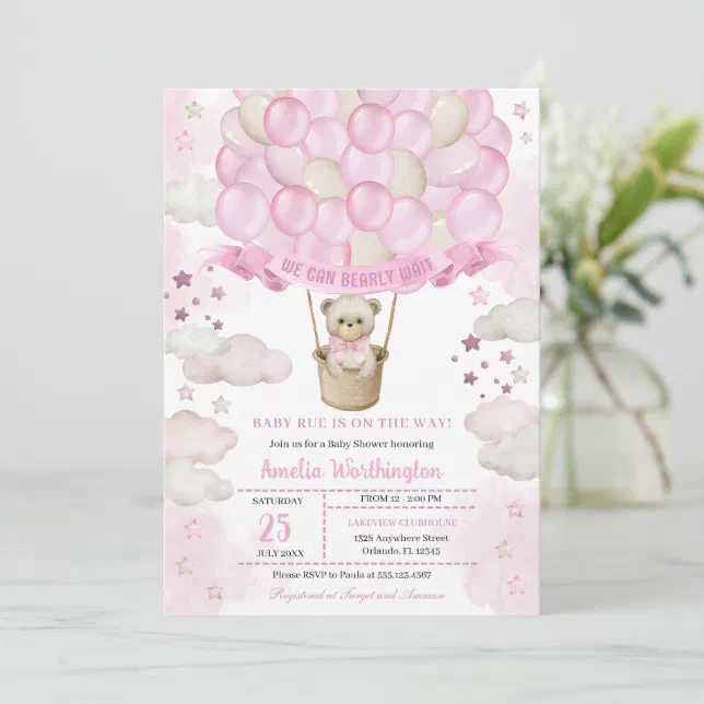 Light Pink Teddy Bear Hot Air Balloons Baby Shower Invitation Zazzle