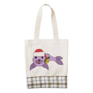 Light Purple Baby Seal - Santa Hat & Gold Bell Zazzle HEART Tote Bag
