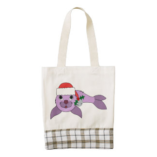 Light Purple Baby Seal - Santa Hat & Silver Bell Zazzle HEART Tote Bag