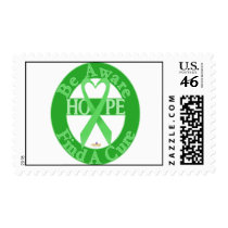 LightGreenHeartRibbonBeAwareFindCureDark postage