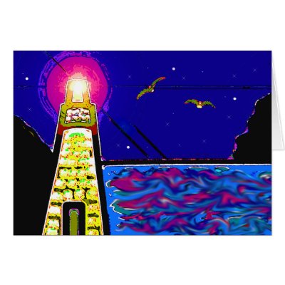 Lighthouse At Night Cards by Perlyyyy. A digital painting put on a blank 