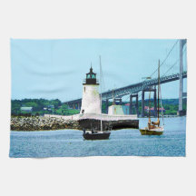 Lighthouse, Bridge and Boats, Newport, RI Kitchen Towel