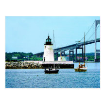 Lighthouse, Bridge and Boats, Newport, RI Post Card