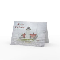 Lighthouse in Snow Merry Christmas Greeting Cards