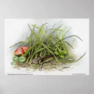 Lightning Bug or Beetle Under Grass with Mushroom zazzle_print