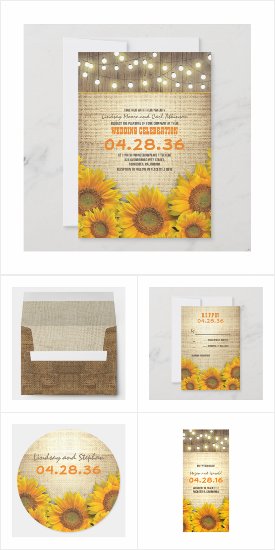 Lights Burlap Sunflowers Rustic Wedding Invitation Set Colllection