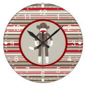 Like a Boss Sock Monkey with Tie on Red Stripes Wall Clock