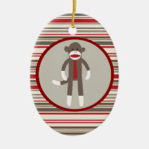 Like a Boss Sock Monkey with Tie on Red Stripes Ornaments