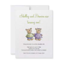 Lil' Bears · Baby Twins Green & Purple Custom Invitation