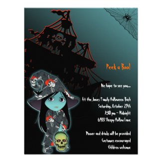 Lil' Witch in Pirate Skull Robe Halloween Personalized Invite