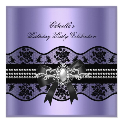 Lilac Black Lace Pearl Elegant Birthday Party Invitation