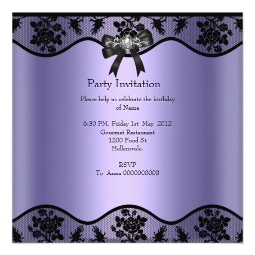 Lilac Black Lace Pearl Elegant Birthday Party Invitation