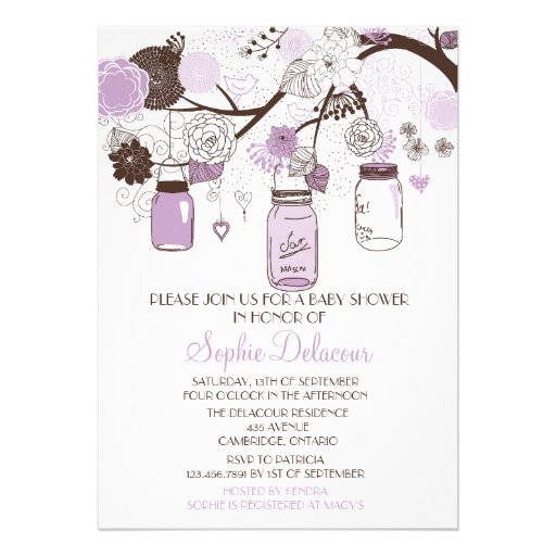 Lilac & Brown Mason Jars Baby Shower Invitations