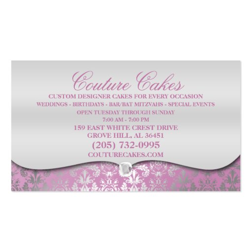 Lilac Cake Couture Glitzy Damask Cake Bakery Business Card Templates (back side)