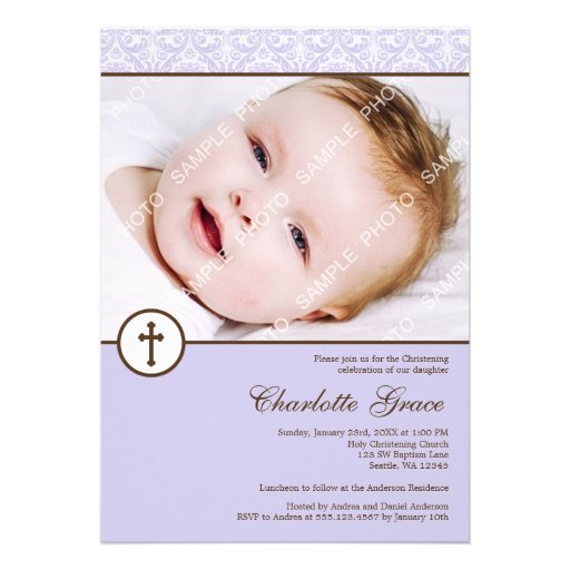 Lilac Damask Cross Girl Photo Baptism Christening Announcement (front side)