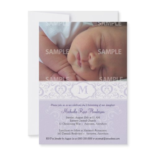 Lilac Damask Monogram Baptism/Christening zazzle_invitation