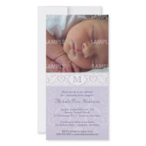 Lilac Damask Monogram Baptism/Christening Customized Photo Card