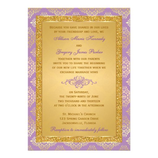 Lilac, FAUX Glitter, Damask Wedding Invitation