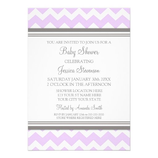 Lilac Gray Chevron Custom Baby Shower Invitations