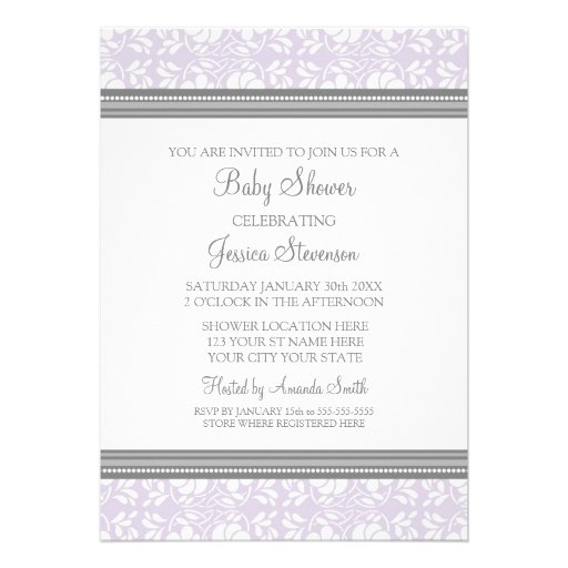 Lilac Gray Damask Custom Baby Shower Invitations