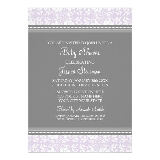 Lilac Gray Damask Custom Baby Shower Invitations