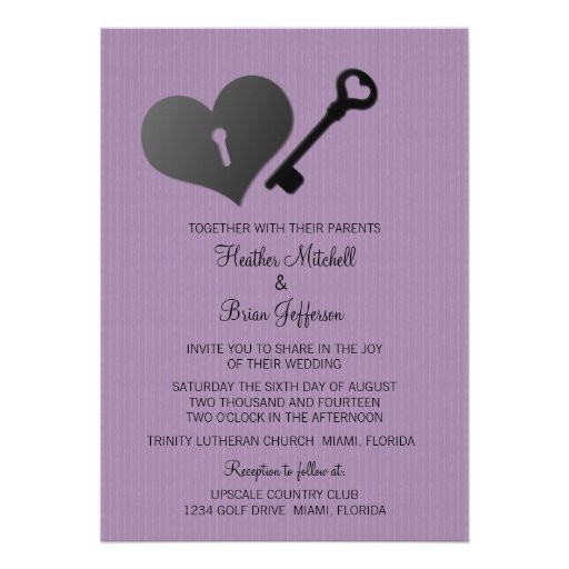 Lilac Heart Lock and Key Wedding Invite