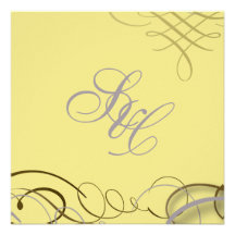 Lilac scrolls/swooshes/yellow damask invitation
