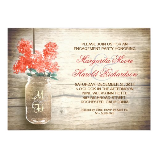 lilacs in mason jar rustic engagement party invite