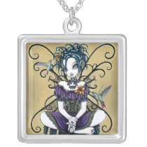 lillian, hummingbirds, lillies, lilly, flower, fairy, faery, fae, faerie, faeries, fairies, big, eyed, birds, cute, purple, fantasy, art, mika, myka, jelina, Necklace with custom graphic design