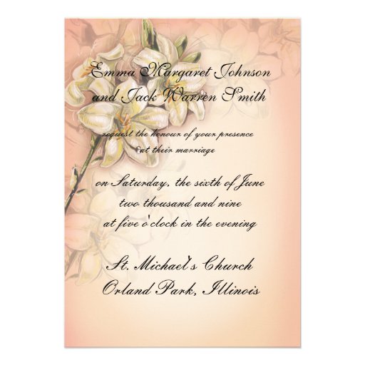 lily flowers art  design on peach wedding announcement