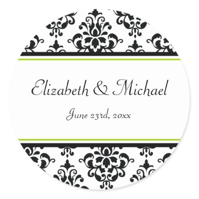 Lime and Black Damask Round Wedding Favor Label Sticker