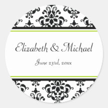 Lime and Black Damask Round Wedding Favor Label Sticker