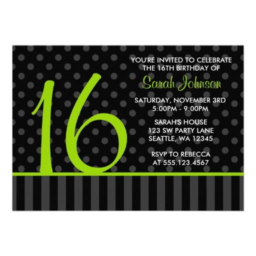 Lime and Black Polka Dot Stripes Sweet 16 Birthday Custom Announcement (front side)
