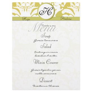Lime and Gold Damask Monogram Wedding Menu letterhead