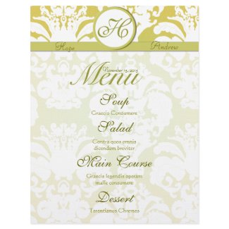Lime and Gold Damask Monogram Wedding Menu letterhead