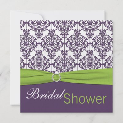 This modern lime green white and purple damask wedding shower invitation 