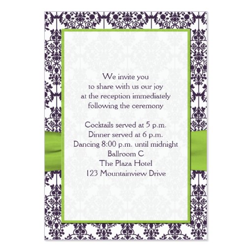 Lime and Purple Damask Enclosure Card Business Card Template (back side)