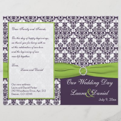 This 85x11 lime green and dark purple damask wedding program matches the 