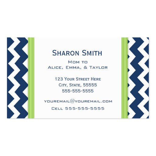 Lime Blue Chevron Retro Mom Calling Cards Business Card Template (back side)