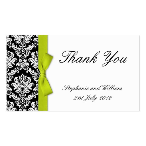 Lime Bow Damask Wedding Thank You Cards Business Cards (front side)